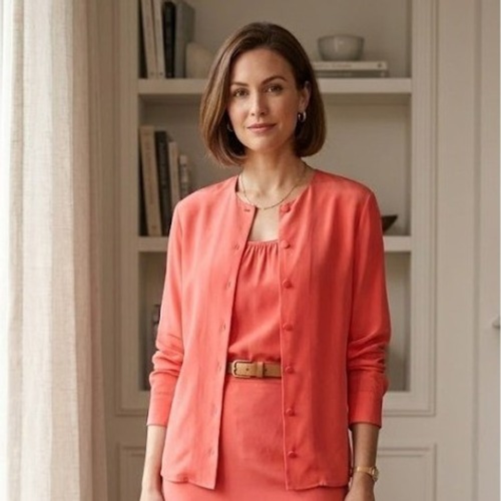 Vintage 100% Silk Talbots Button Front Blazer Blouse Coral Minimalist Top 10